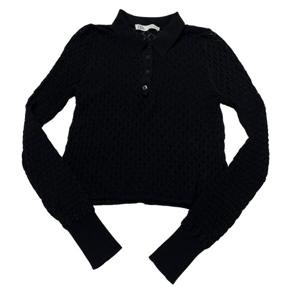 Zara Open Knit Polo Sweater in Black - Picture 1 of 4